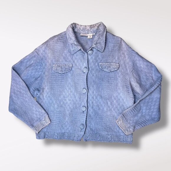 Styles To Go Blue Textured Knit Button Front Sweater Jacket Cotton Size Large - Picture 9 of 9